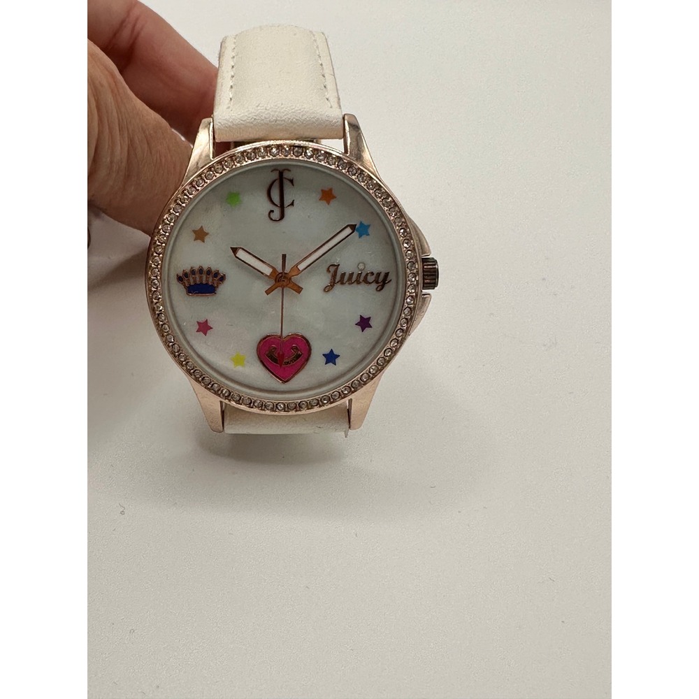 Juicy Couture‎ Women Rose Gold Tone Watch White Strap Heart Star Crystal Bezel